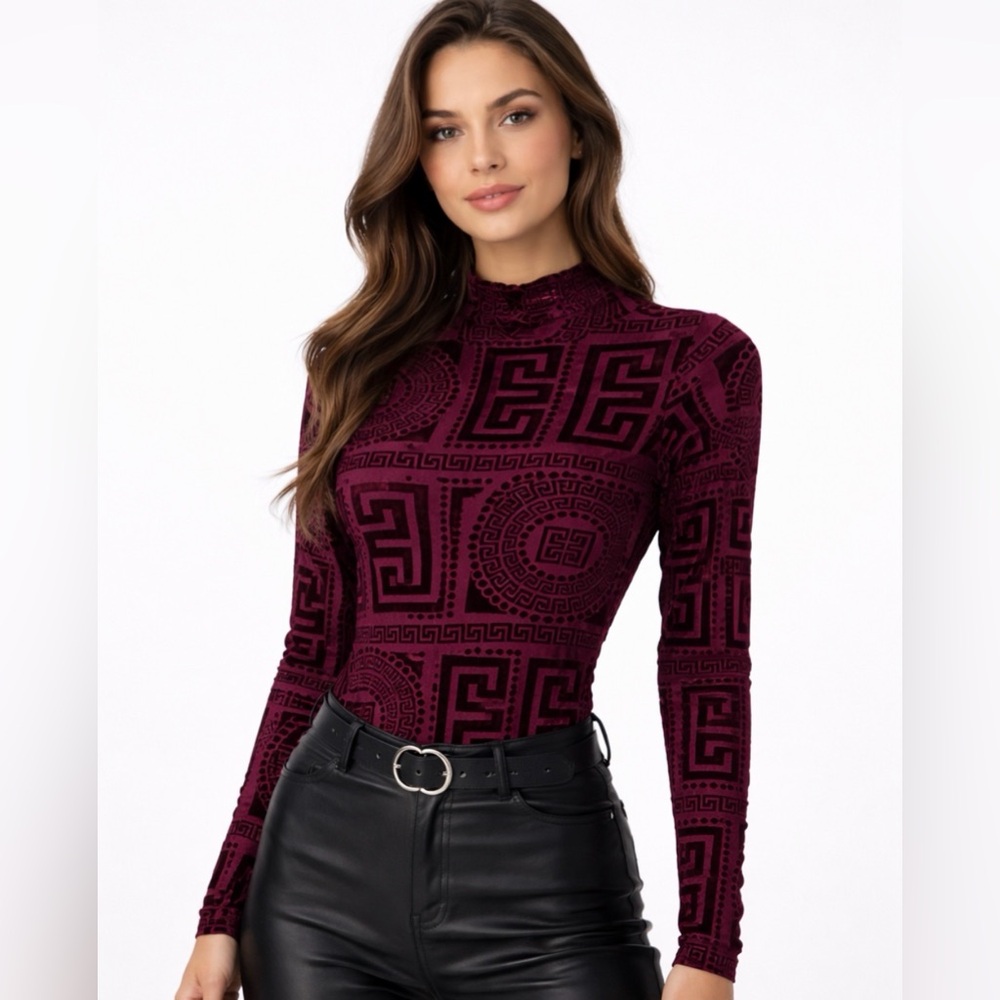 Windsor Burgundy Velvet Burnout Long Sleeve Bodysuit Size S(A338)